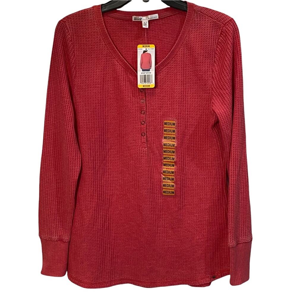 Seven7 Henley Womens Size Medium Thermal style Waffle Knit NWT M